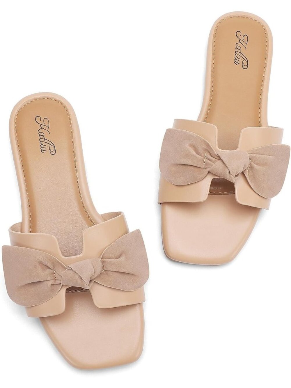 Women's Apricot Summer comfort Square Open Toe Bow Bridal Slide Flat Sandals